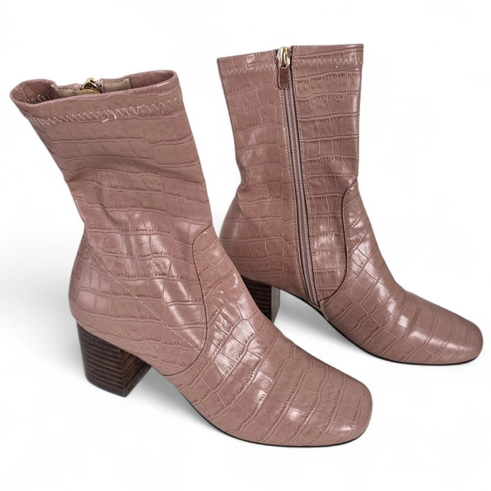 Anthropologie Silent D Cabre Pink Croc Embossed Leather Stacked Heel Ankle Boots